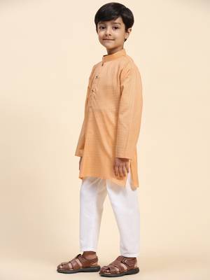 Peach plain cotton kurta pajama set for boys ethnic wear 3