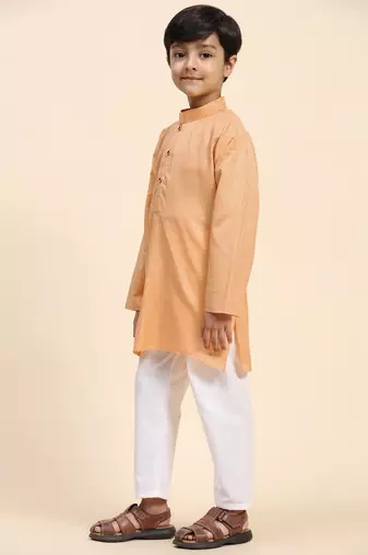 Peach plain cotton kurta pajama set for boys ethnic wear