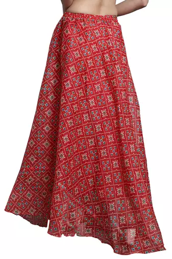 Red printed flared cotton kota doriya lehenga skirt