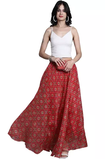 Red printed flared cotton kota doriya lehenga skirt