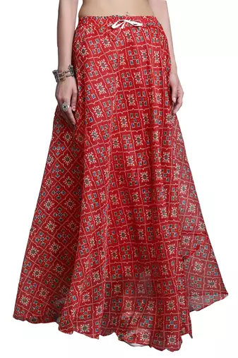 Red printed flared cotton kota doriya lehenga skirt