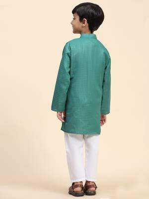 Green plain cotton kurta pajama set for boys ethnic wear 5