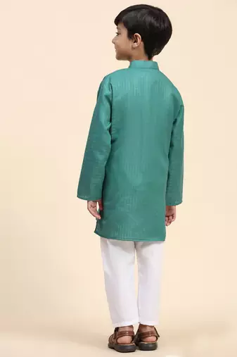 Green plain cotton kurta pajama set for boys ethnic wear