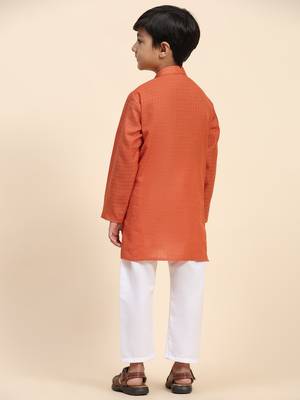 Dark orange plain cotton kurta pajama set for boys ethnic wear 5