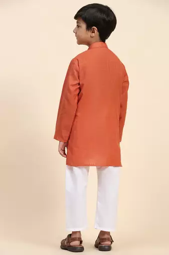 Dark orange plain cotton kurta pajama set for boys ethnic wear
