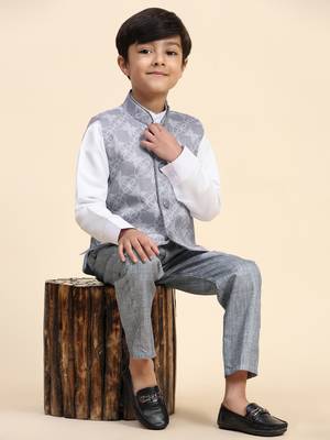 Grey floral cotton 3 piece suit set for boys party,wedding outfits 1