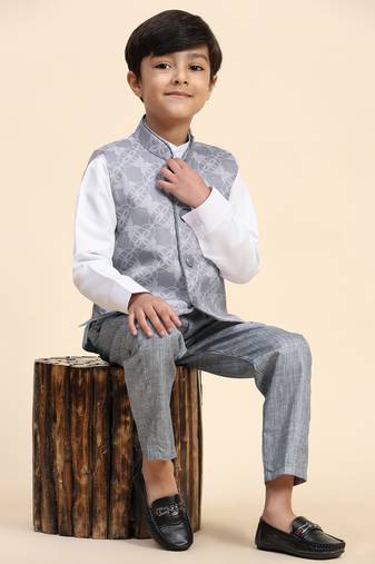 Grey floral cotton 3 piece suit set for boys party,wedding outfits