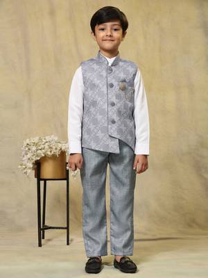 Grey floral cotton 3 piece suit set for boys party,wedding outfits 2