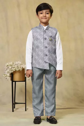 Grey floral cotton 3 piece suit set for boys party,wedding outfits