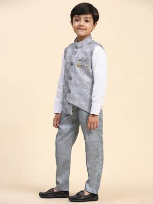 Grey floral cotton 3 piece suit set for boys party,wedding outfits 3