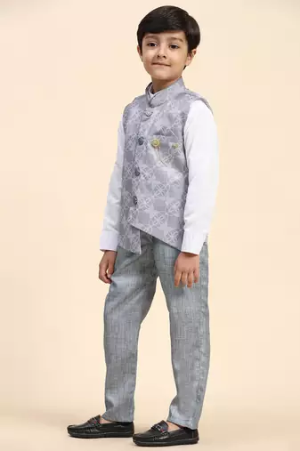 Grey floral cotton 3 piece suit set for boys party,wedding outfits