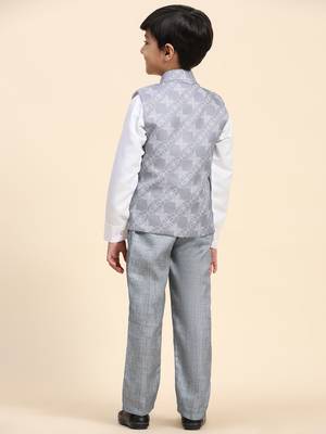 Grey floral cotton 3 piece suit set for boys party,wedding outfits 4