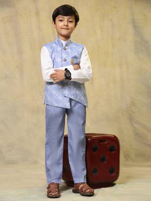 Blue floral cotton 3 piece suit set for boys party,wedding outfits 1