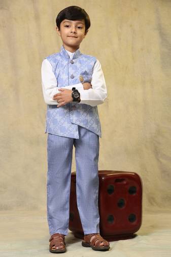 Blue floral cotton 3 piece suit set for boys party,wedding outfits