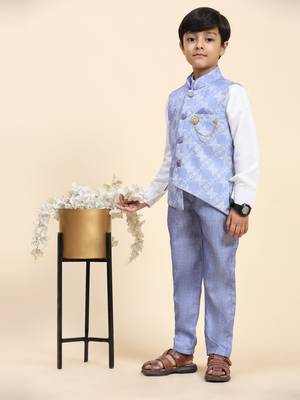 Blue floral cotton 3 piece suit set for boys party,wedding outfits 2