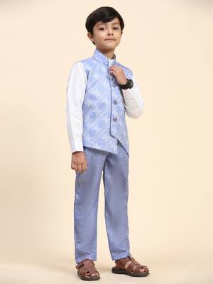 Blue floral cotton 3 piece suit set for boys party,wedding outfits 3