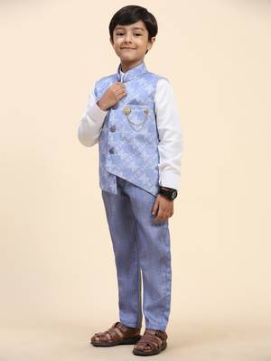 Blue floral cotton 3 piece suit set for boys party,wedding outfits 4