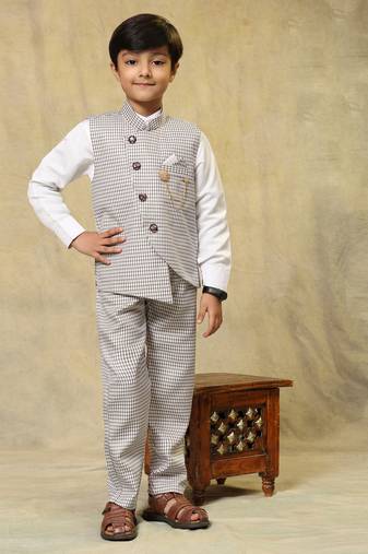 Brown checkered cotton 3 piece suit set for boys party,wedding outfits