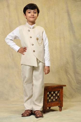 Light brown checkered cotton 3 piece suit set for boys party,wedding outfits