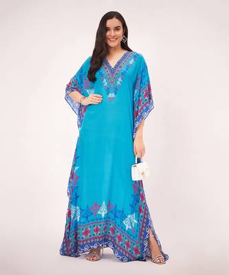 Blue mexican print embellished full length kaftan 1