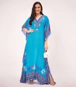 Blue mexican print embellished full length kaftan
