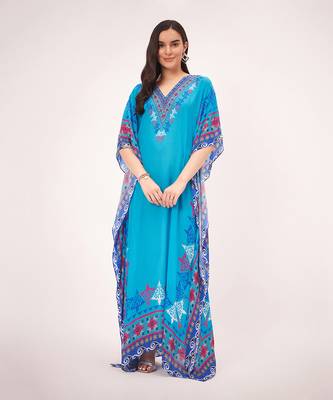 Blue mexican print embellished full length kaftan 2