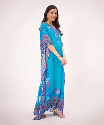 Blue mexican print embellished full length kaftan 3