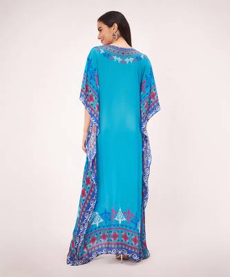 Blue mexican print embellished full length kaftan 4