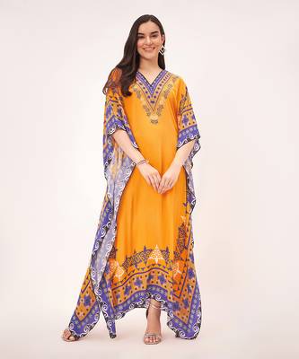 Yellow mexican print embellished full length kaftan 1
