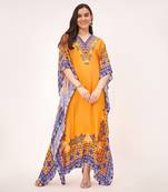 Yellow mexican print embellished full length kaftan