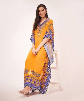 Yellow mexican print embellished full length kaftan 2