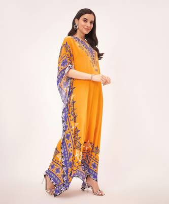Yellow mexican print embellished full length kaftan 3