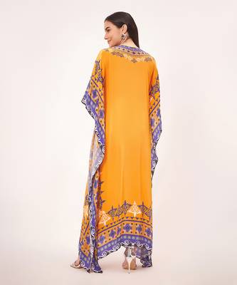 Yellow mexican print embellished full length kaftan 4