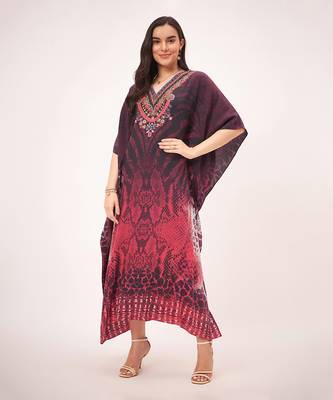 Red python print embellished silk full length kaftan 1