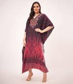 Red python print embellished silk full length kaftan