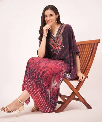 Red python print embellished silk full length kaftan 2