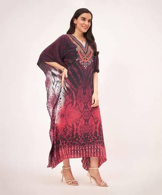 Red python print embellished silk full length kaftan 3