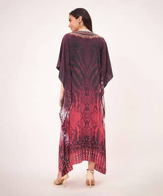 Red python print embellished silk full length kaftan 4