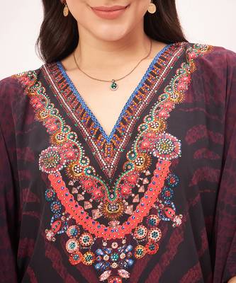 Red python print embellished silk full length kaftan 5