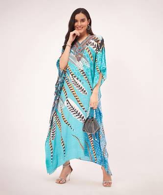 Turquoise leaf print embellished silk full length kaftan 1