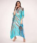Turquoise leaf print embellished silk full length kaftan