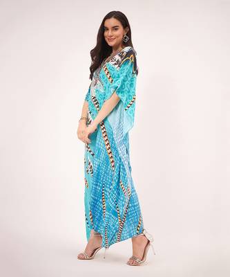 Turquoise leaf print embellished silk full length kaftan 2
