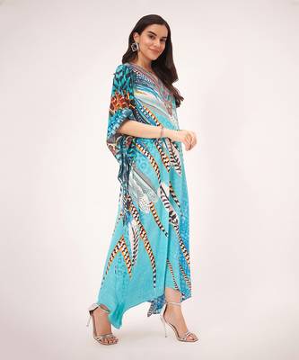 Turquoise leaf print embellished silk full length kaftan 3