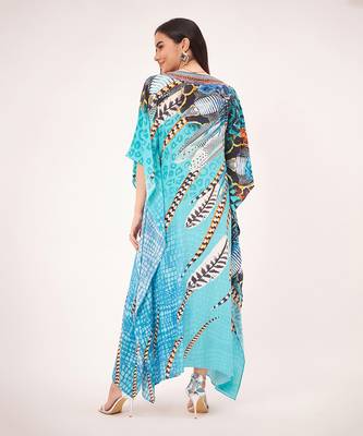 Turquoise leaf print embellished silk full length kaftan 4