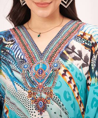 Turquoise leaf print embellished silk full length kaftan 5