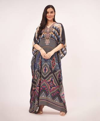 Black and blue geometric print embellished silk full length kaftan 1