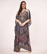 Black and blue geometric print embellished silk full length kaftan