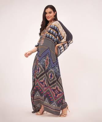 Black and blue geometric print embellished silk full length kaftan 2
