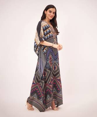 Black and blue geometric print embellished silk full length kaftan 3