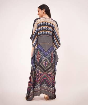 Black and blue geometric print embellished silk full length kaftan 4